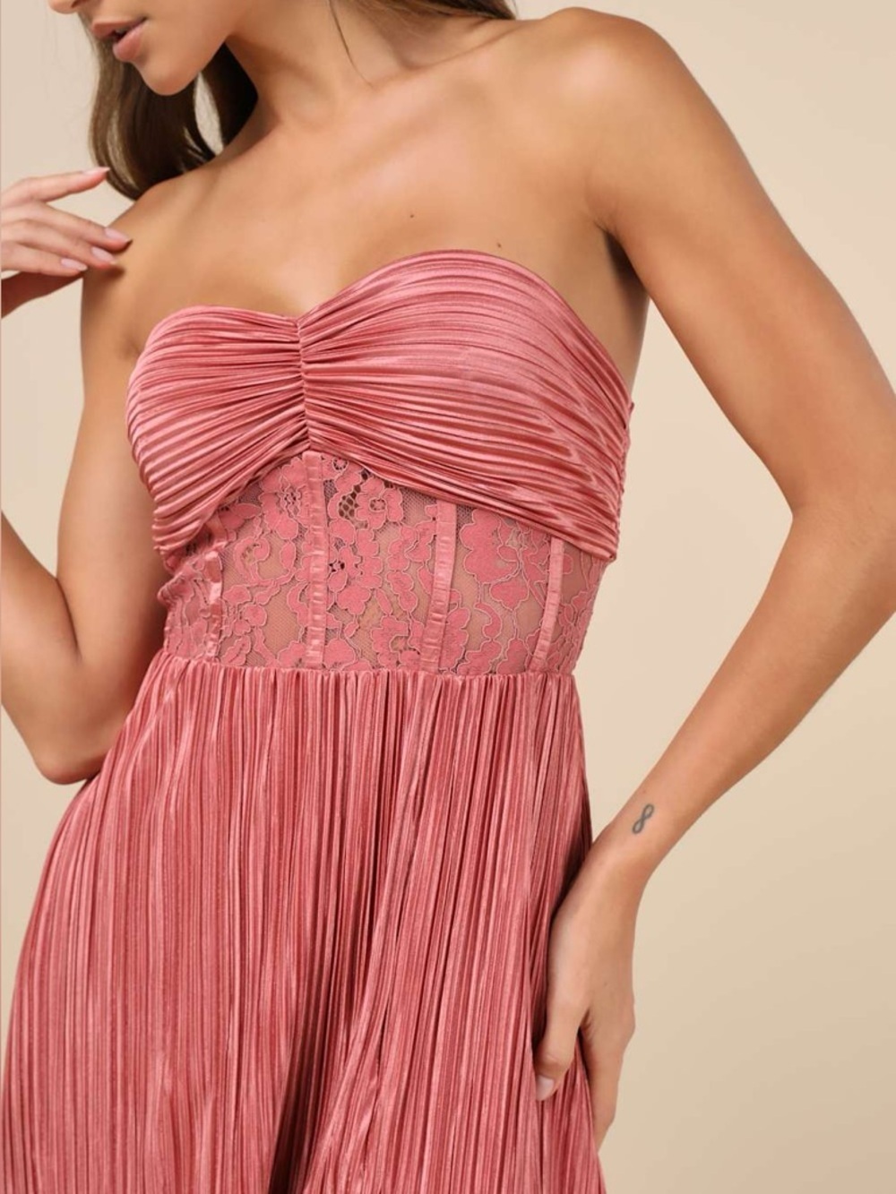 LULU’S Desme Rose Pink Satin Plisse Strapless Maxi Dress - Picture 4 of 5